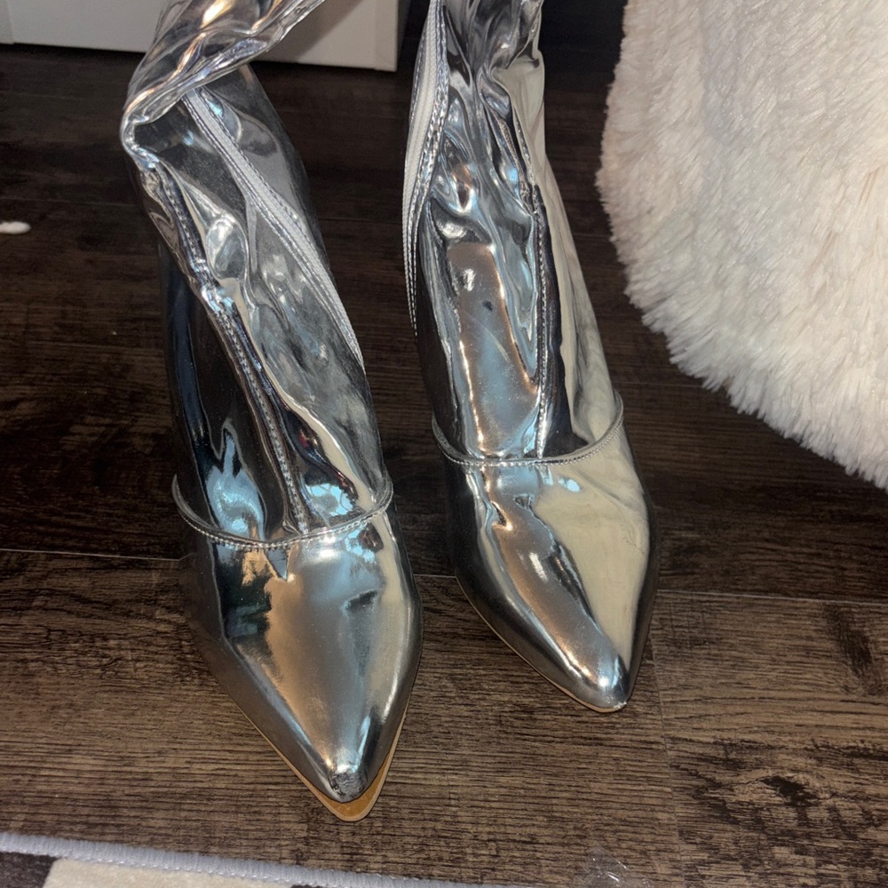 Others Follow Shiny Silver Heeled Boots thigh high fitted